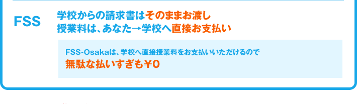 FSS：学校からの請求書はそのままお渡し 授業料は、あなた→学校へ直接お支払い／FSS-Osakaは、学校へ直接授業料をお支払いいただけるので  無駄な払いすぎも￥0